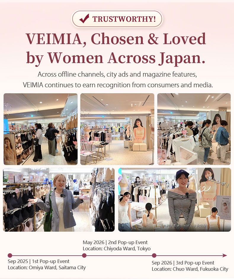 Offline pop-up event collage showing lingerie displays and visitors in Japan VEIMIA