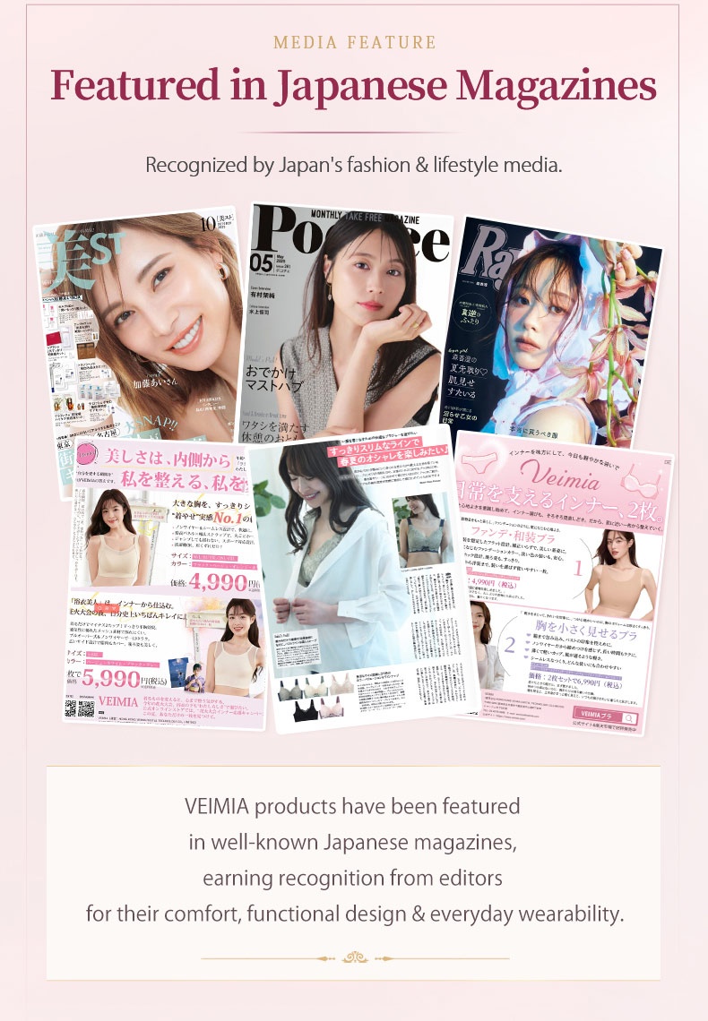 Media feature graphic showing lingerie coverage in Japanese fashion magazines VEIMIA