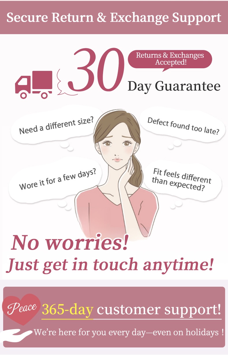 Return and exchange support graphic with guarantee and customer service information VEIMIA