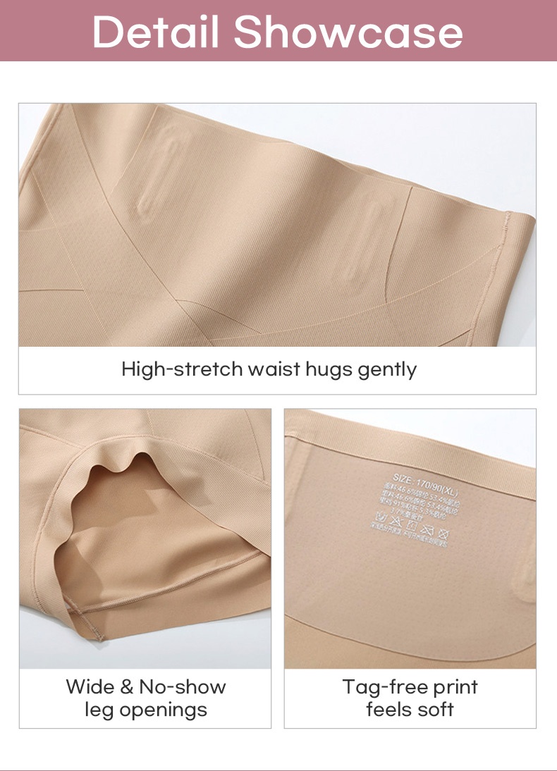 Close-up collage of sand shaping shorts waist stretch no-show leg openings and tag-free print VEIMIA