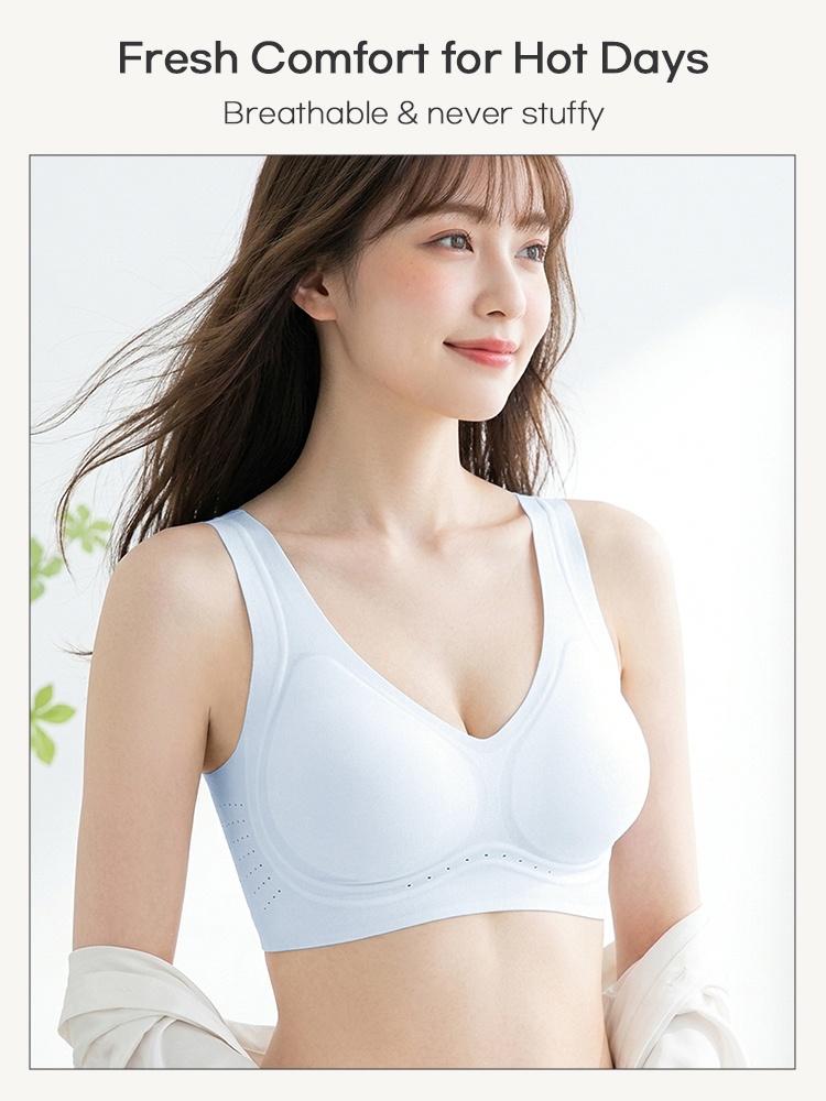 Model wearing light blue seamless bra front view for hot days VEIMIA