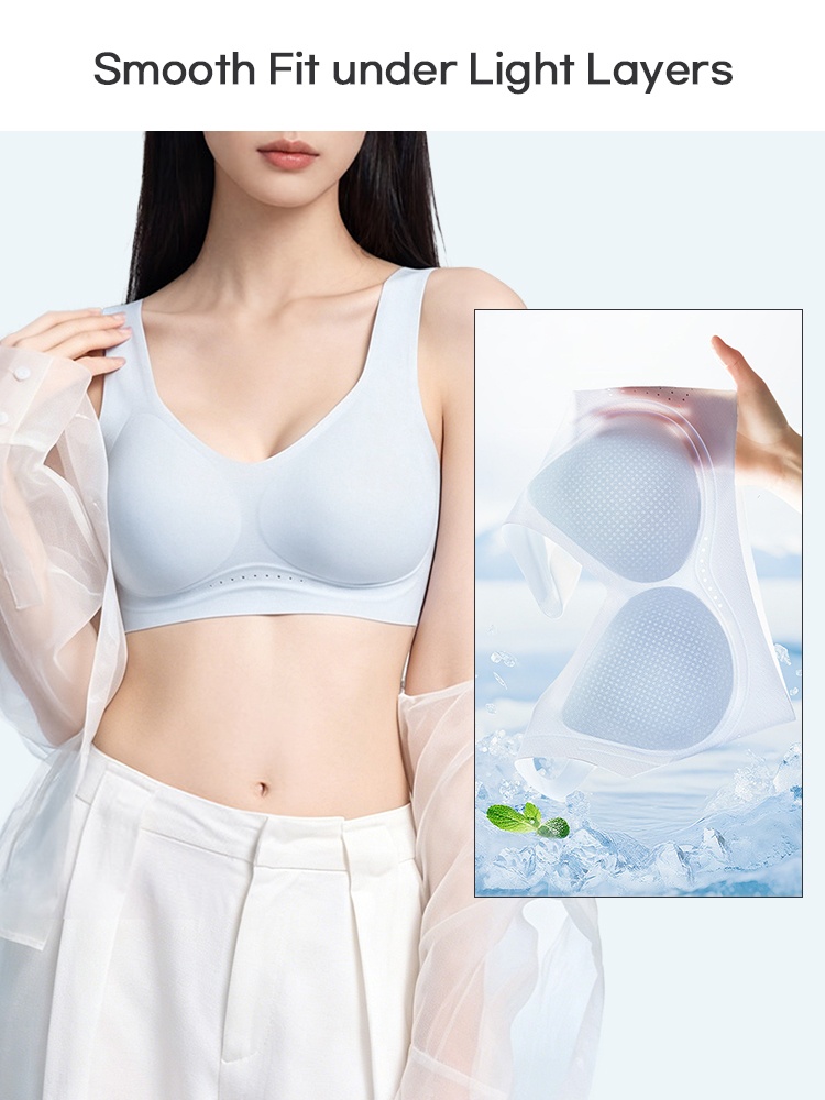 Model wearing light blue seamless bra with cup pad feature inset VEIMIA