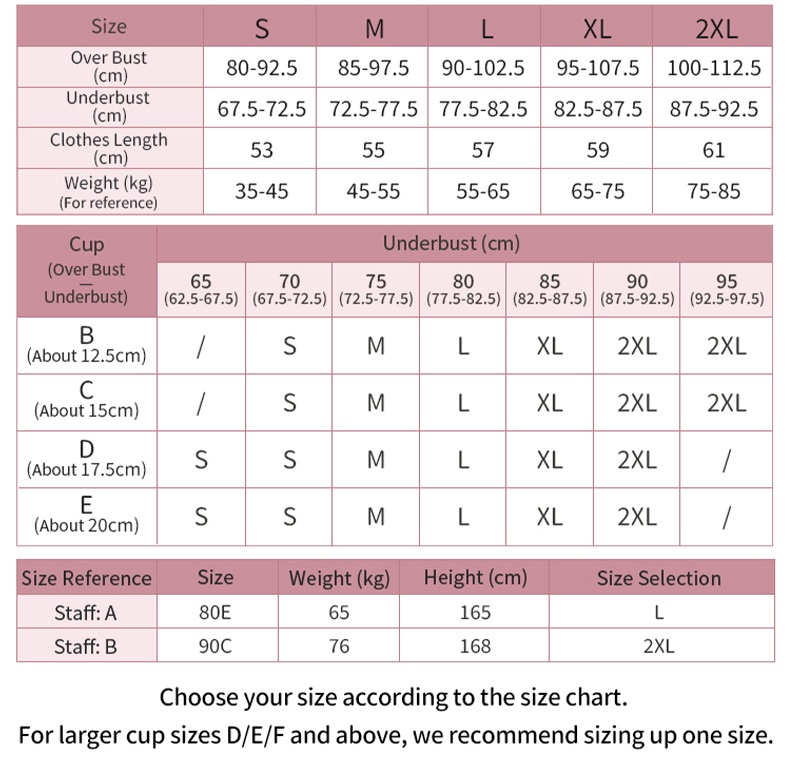 Padded tank top size chart with cup and body measurement guide - VEIMIA