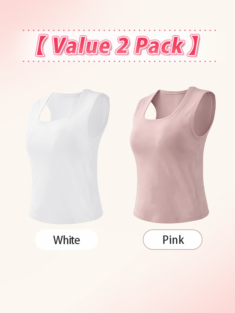 Two-pack white and pink built-in bra tank tops with deep U neckline VEIMIA