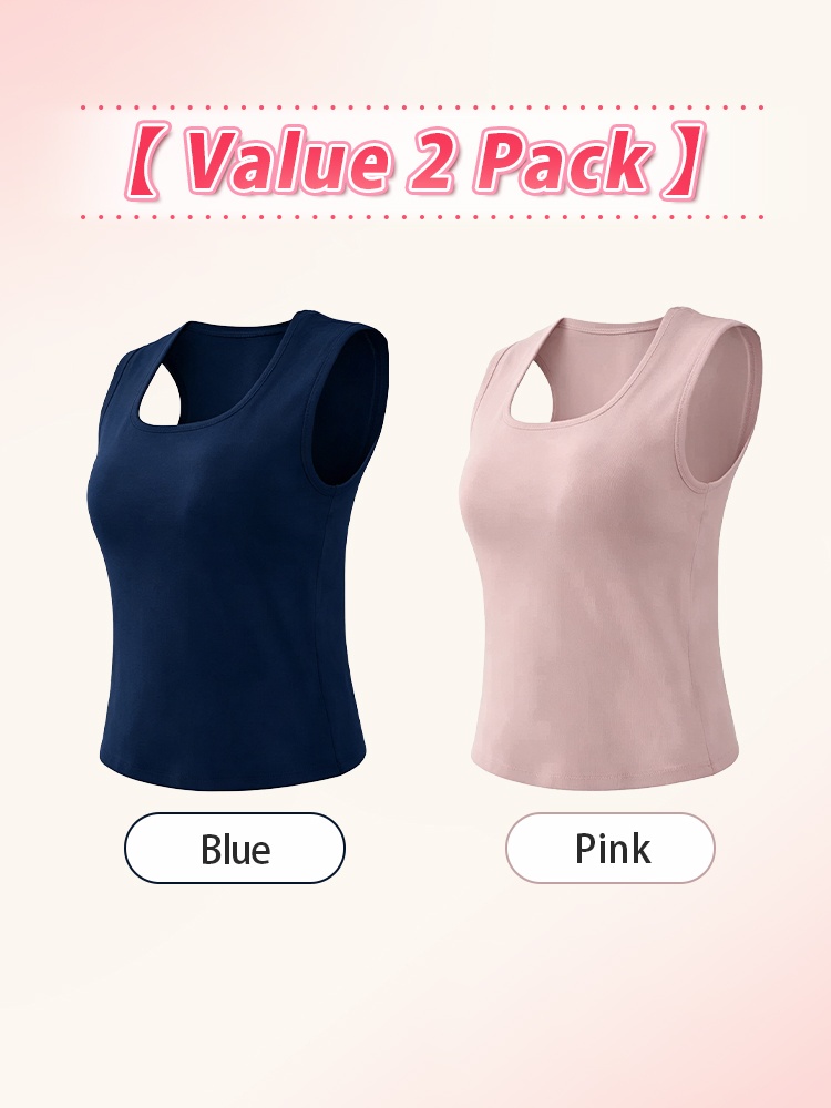 Two-pack blue and pink built-in bra tank tops with deep U neckline VEIMIA