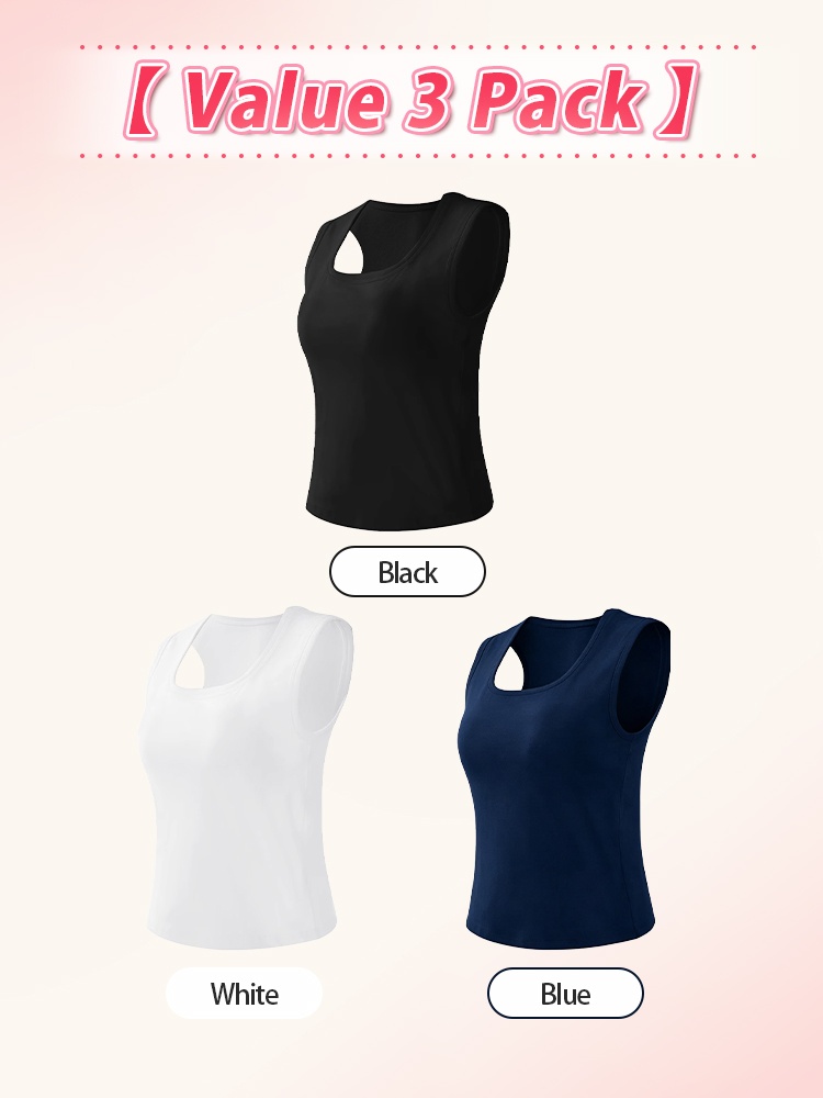Three-piece black white and blue built-in bra tank tops with deep U neckline VEIMIA
