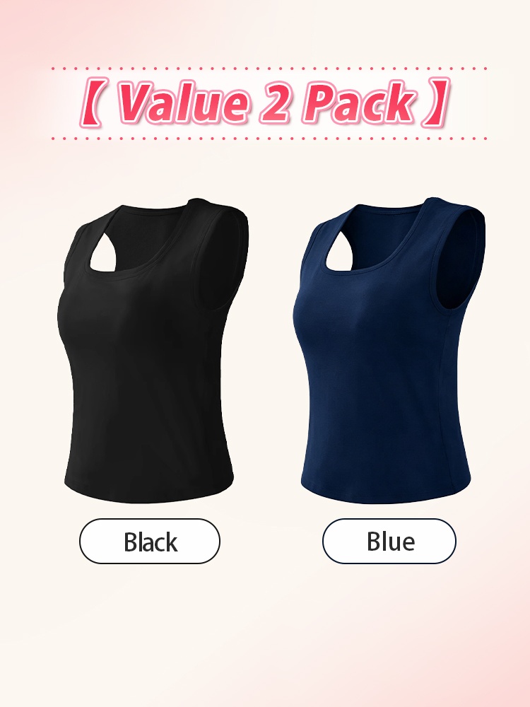 Two-pack black and blue built-in bra tank tops with deep U neckline VEIMIA