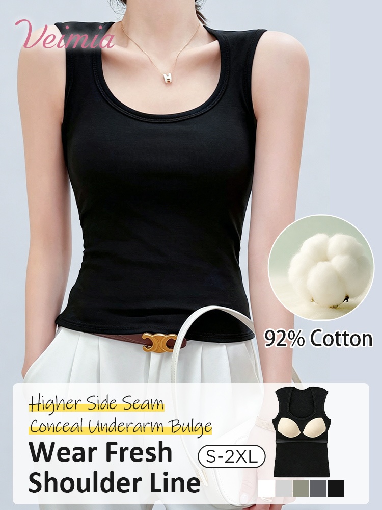 Black cotton padded tank top with higher side seam and wide shoulder straps - VEIMIA