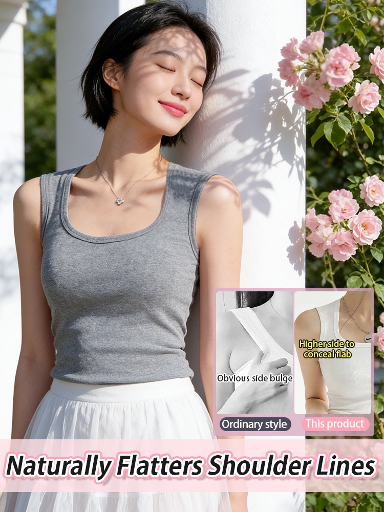 Gray padded tank top on model showing naturally flattering shoulder lines - VEIMIA