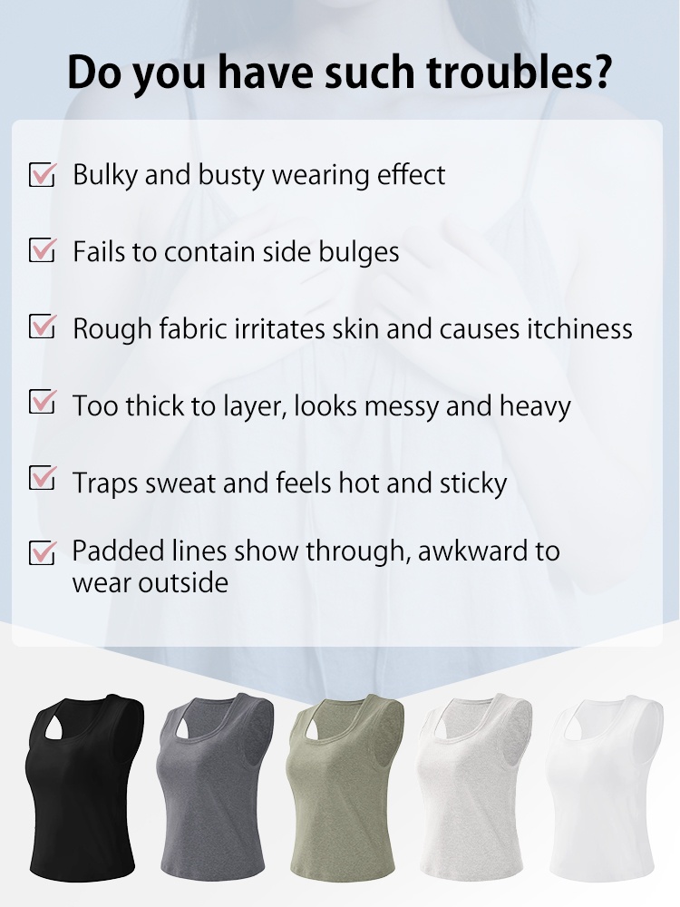 Padded tank top problem solution chart with five color options - VEIMIA