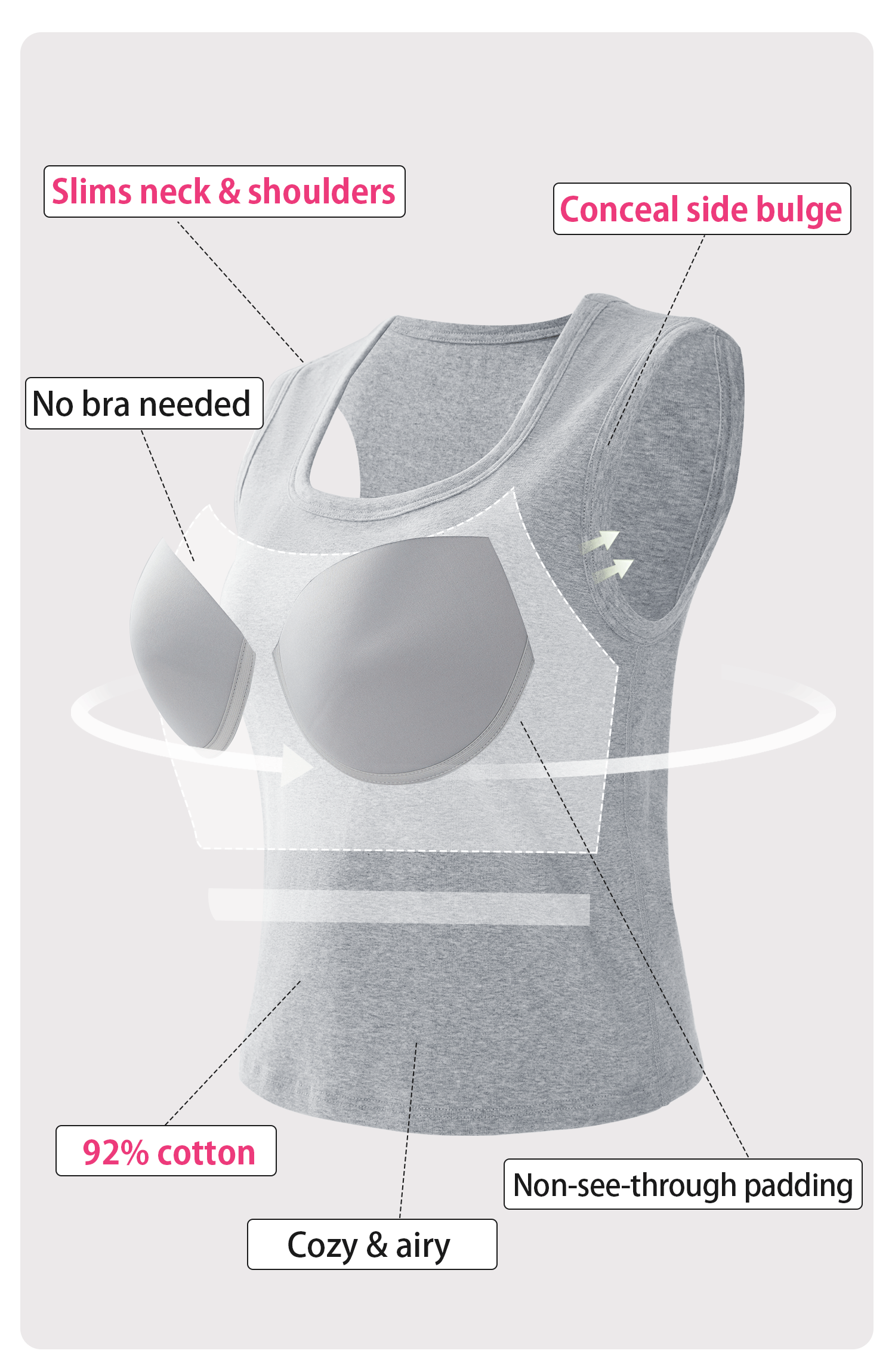 Gray padded tank top feature diagram with built in cups and high side coverage - VEIMIA