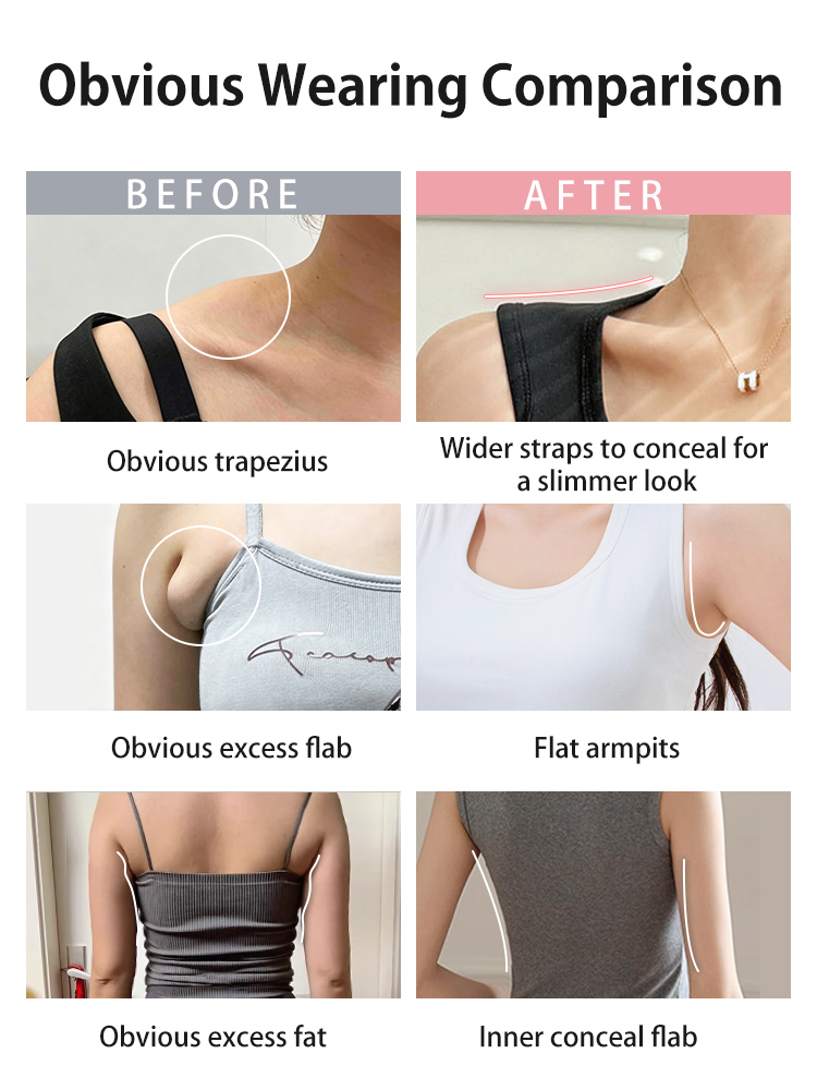 Before and after comparison showing wider straps and higher side seam coverage - VEIMIA