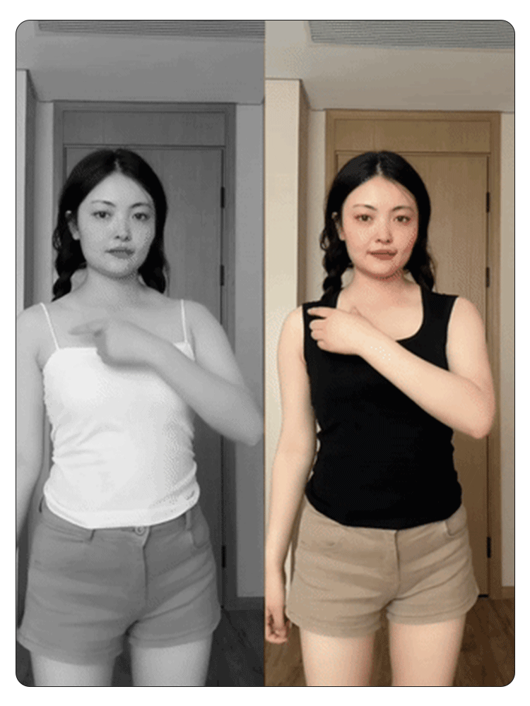 Before and after model comparison of padded tank top shoulder coverage - VEIMIA