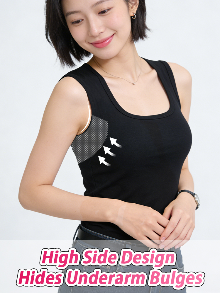 Black padded tank top on model with high side design hiding underarm bulges - VEIMIA