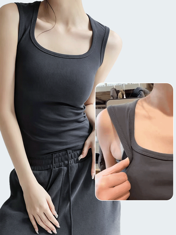 Charcoal padded tank top on model with underarm side coverage detail inset - VEIMIA