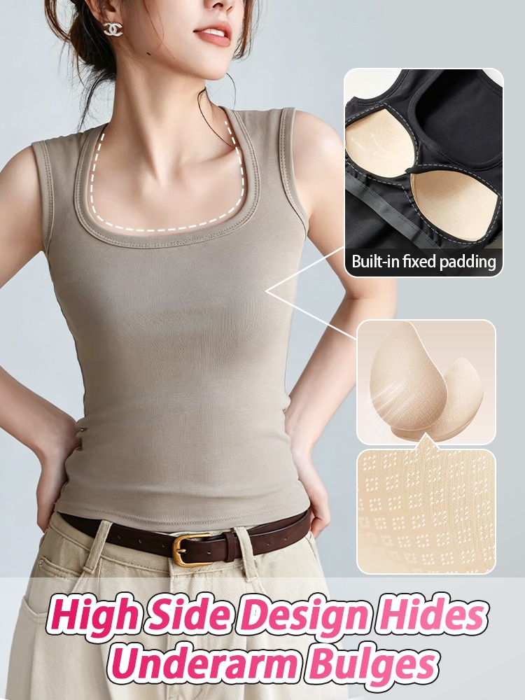 Khaki padded tank top with built in fixed padding and high side coverage - VEIMIA