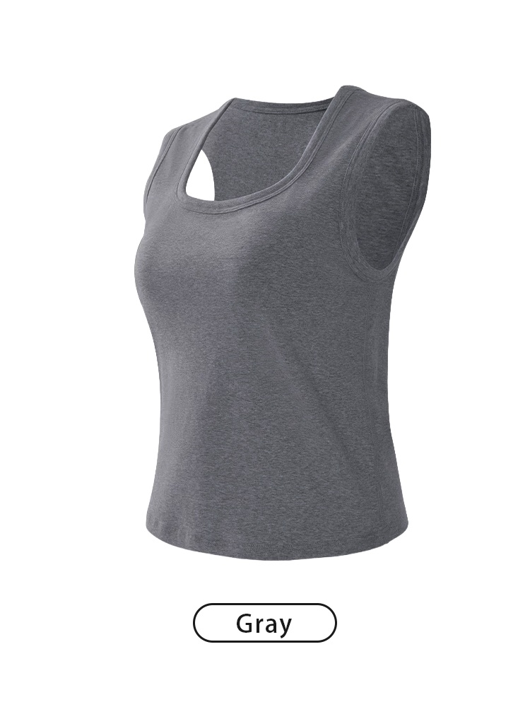 Gray built-in bra tank top with deep U neckline and wide shoulder straps VEIMIA