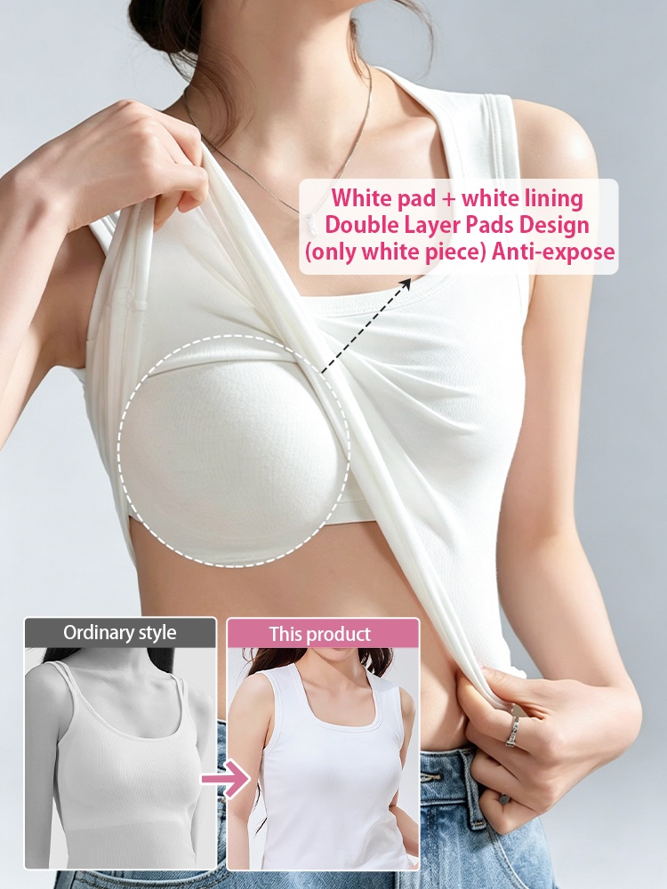 Tank top detail collage showing U-neck design wide straps hem stitching and built-in pads VEIMIA
