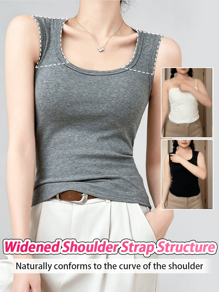 Tank top fit demonstration GIF showing deep U neckline higher side seam and wide straps VEIMIA