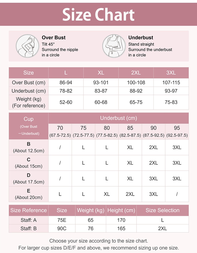Bra size chart with over bust underbust weight and cup measurement guide VEIMIA