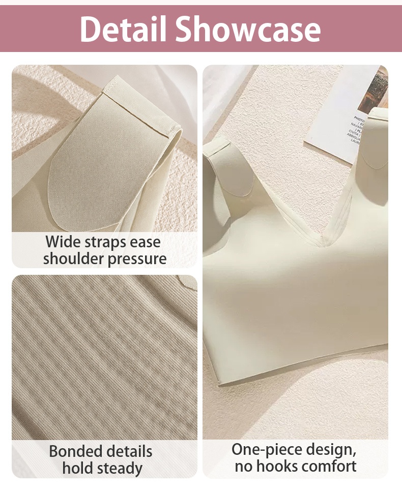 Detail graphic showing wide straps bonded fabric texture and hook-free one-piece bra VEIMIA