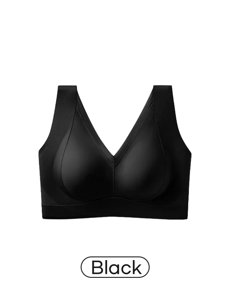Black V-neck bra front view with wide straps and smooth underband VEIMIA
