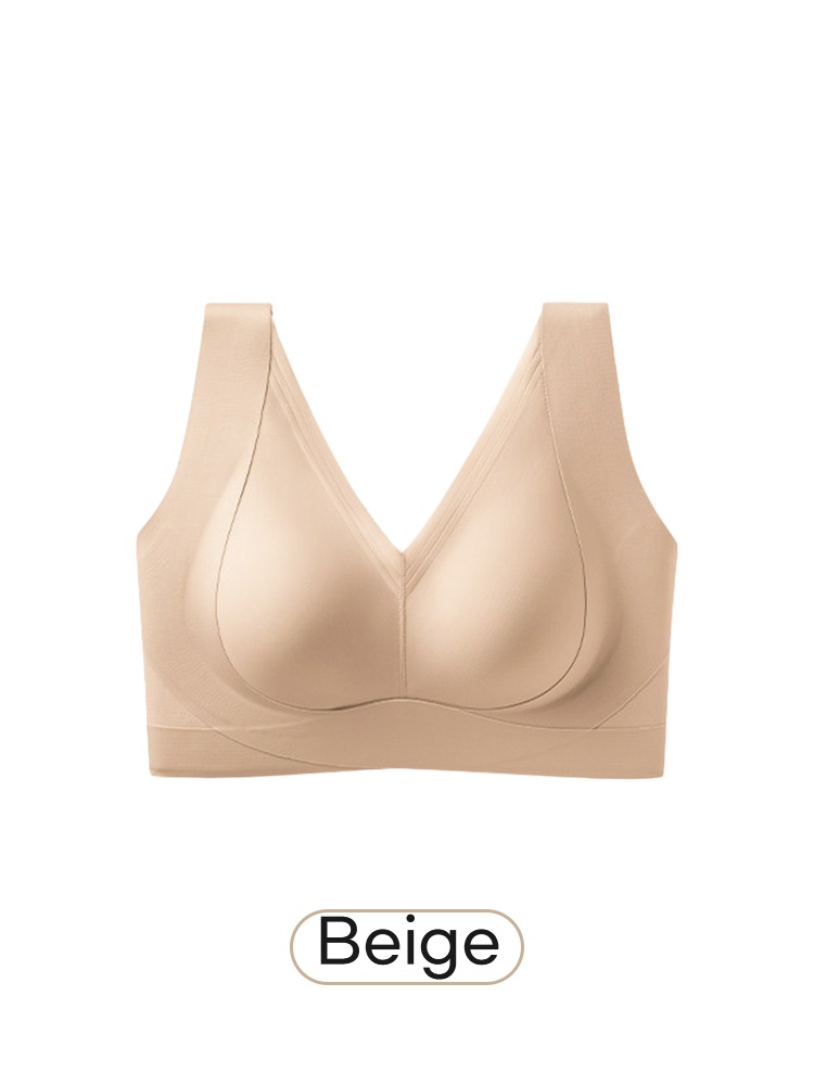 Beige V-neck bra front view with wide straps and smooth underband VEIMIA
