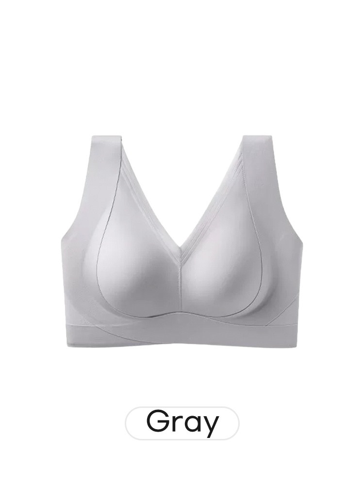 Gray V-neck bra front view with wide straps and smooth underband VEIMIA
