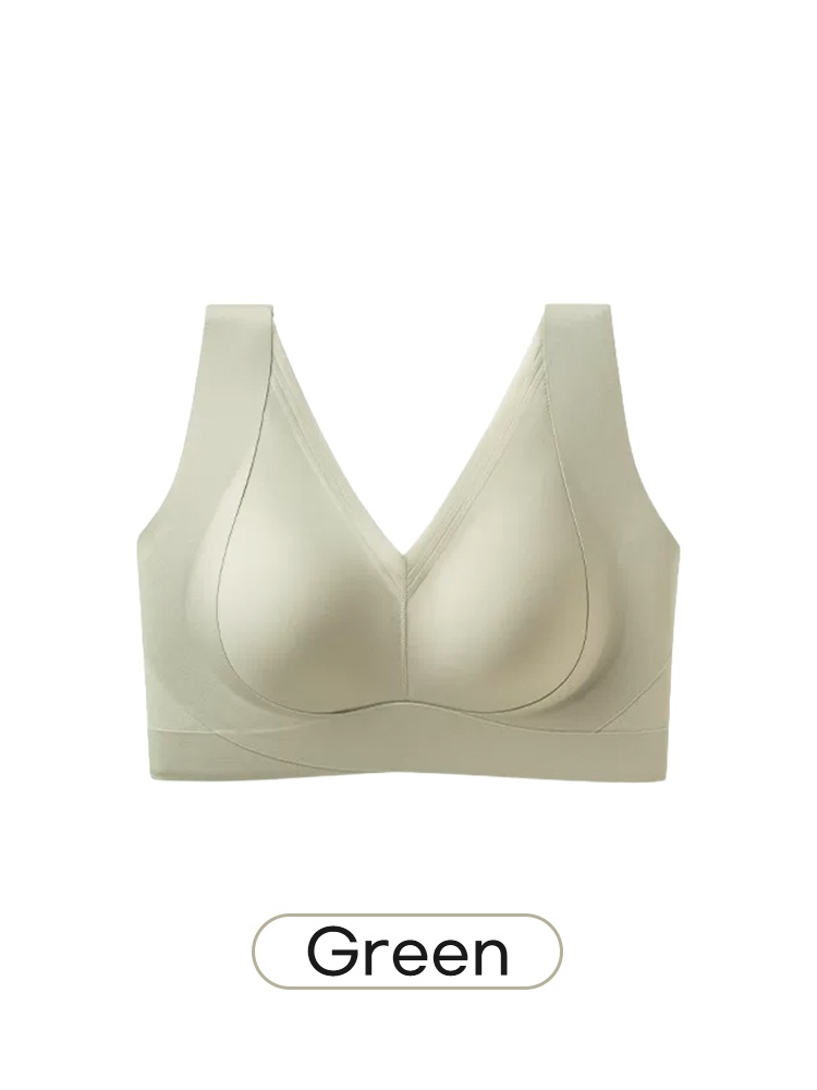 Green V-neck bra front view with wide straps and smooth underband VEIMIA