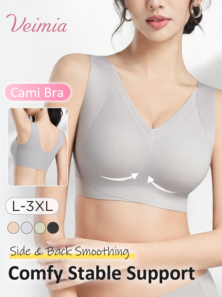 Model wearing gray V-neck cami bra with wide straps and smoothing underband VEIMIA