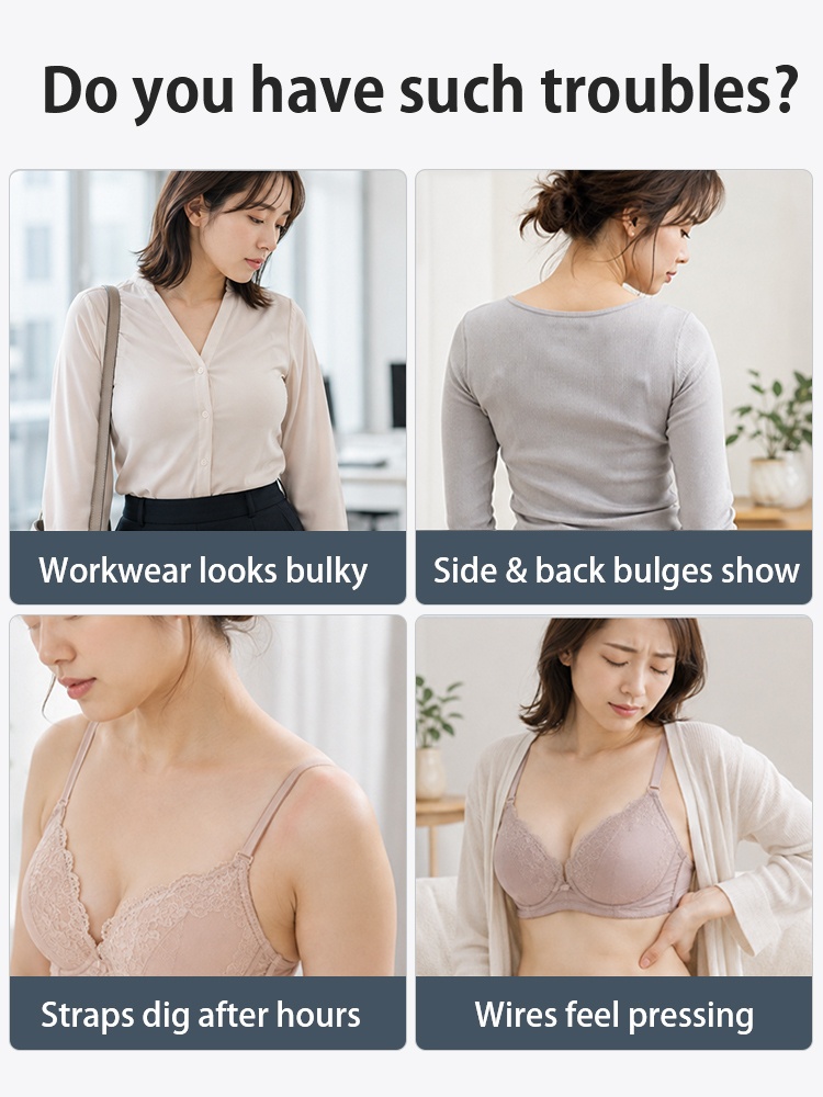 Problem graphic showing bra fit issues with straps wires and visible side bulges VEIMIA