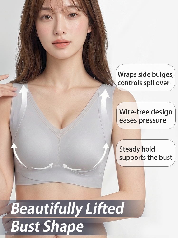 Feature graphic showing gray wire-free bra with side coverage and wide shoulder straps VEIMIA