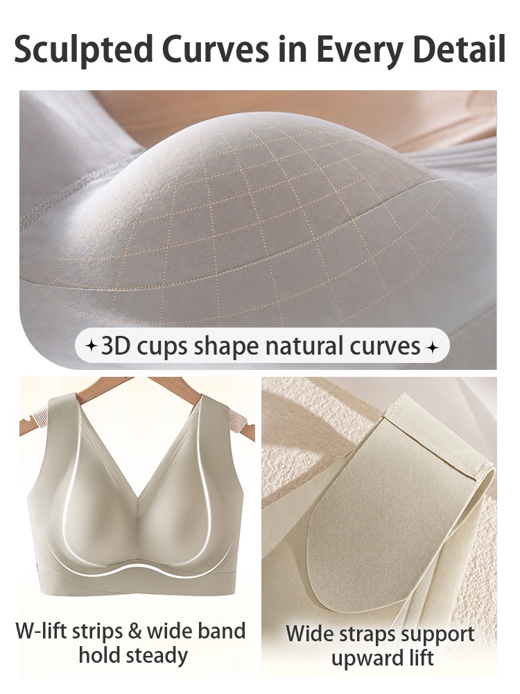 Detail graphic showing shaped cups W-lift support strips and wide shoulder straps VEIMIA