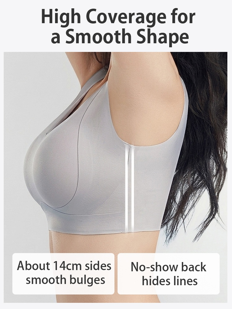 Side view of gray bra with high side coverage and smooth back panel VEIMIA