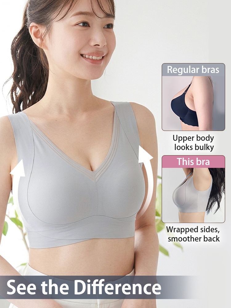 Model wearing gray V-neck bra with comparison of side and back smoothing VEIMIA