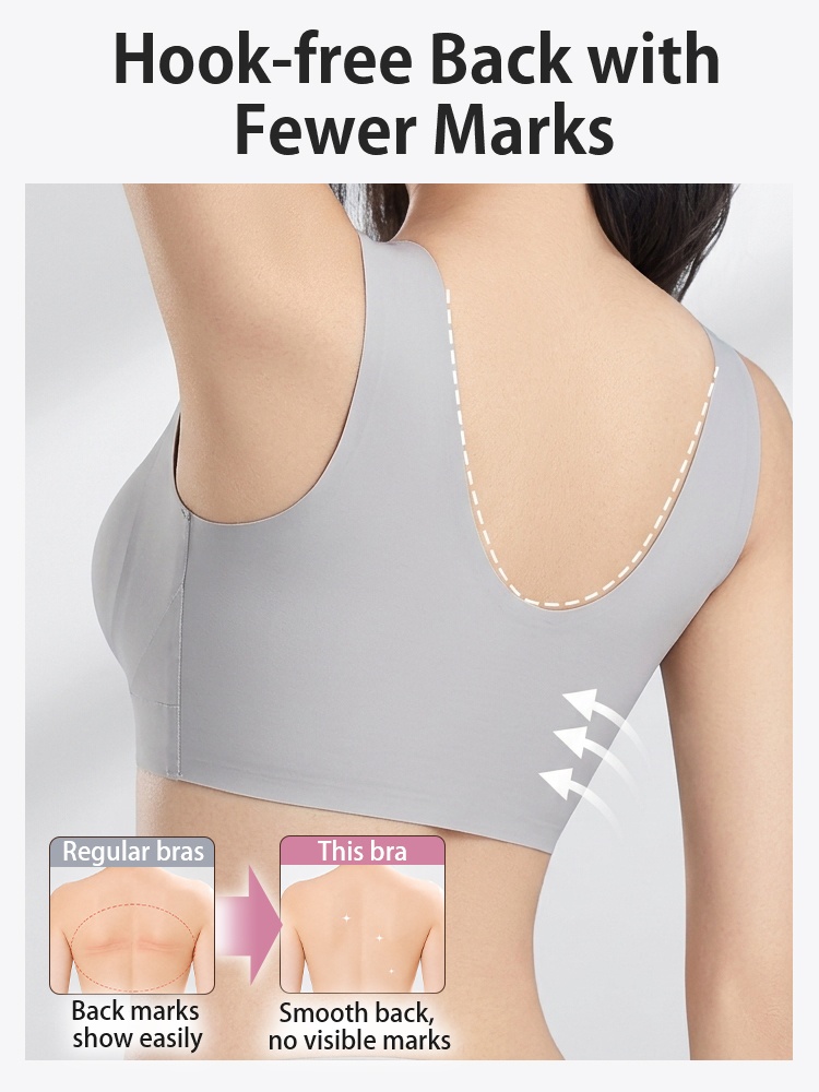 Back view of gray hook-free bra with smooth wide back panel VEIMIA