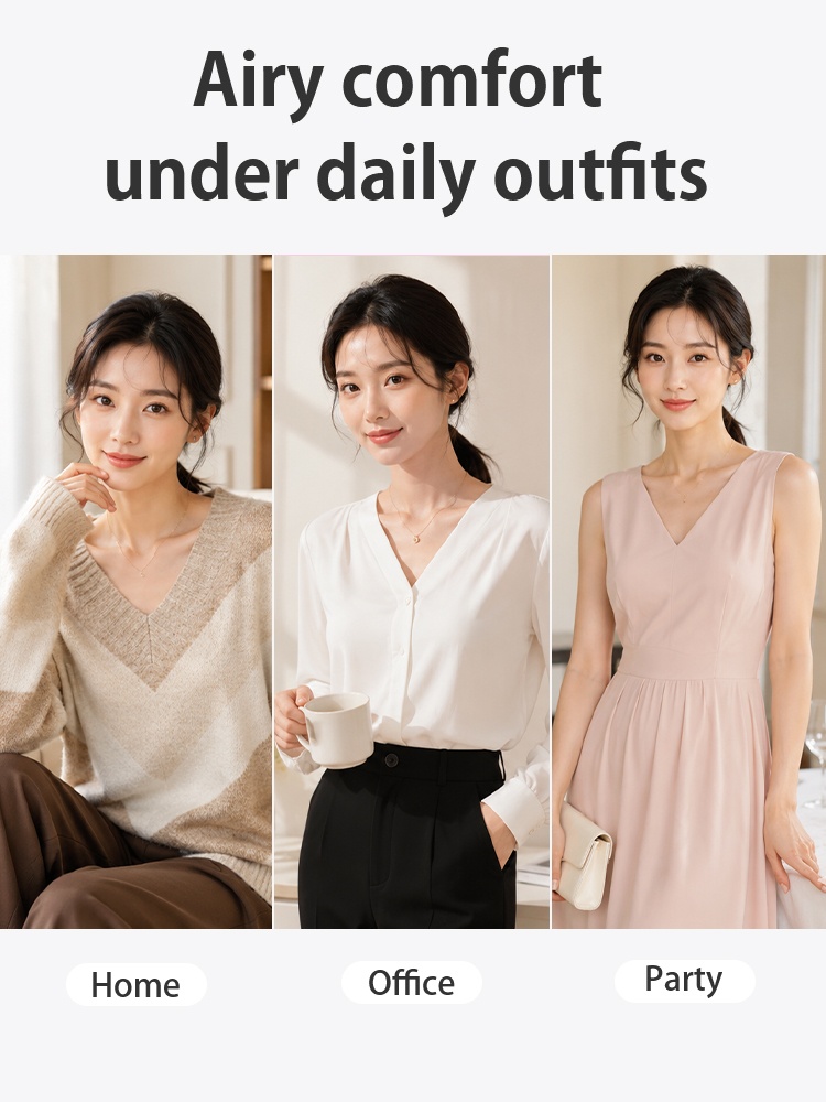Lifestyle graphic showing home office and party outfit scenarios VEIMIA