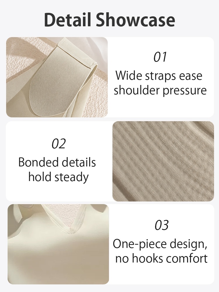 Detail showcase of wide straps bonded fabric and hook-free one-piece bra design VEIMIA