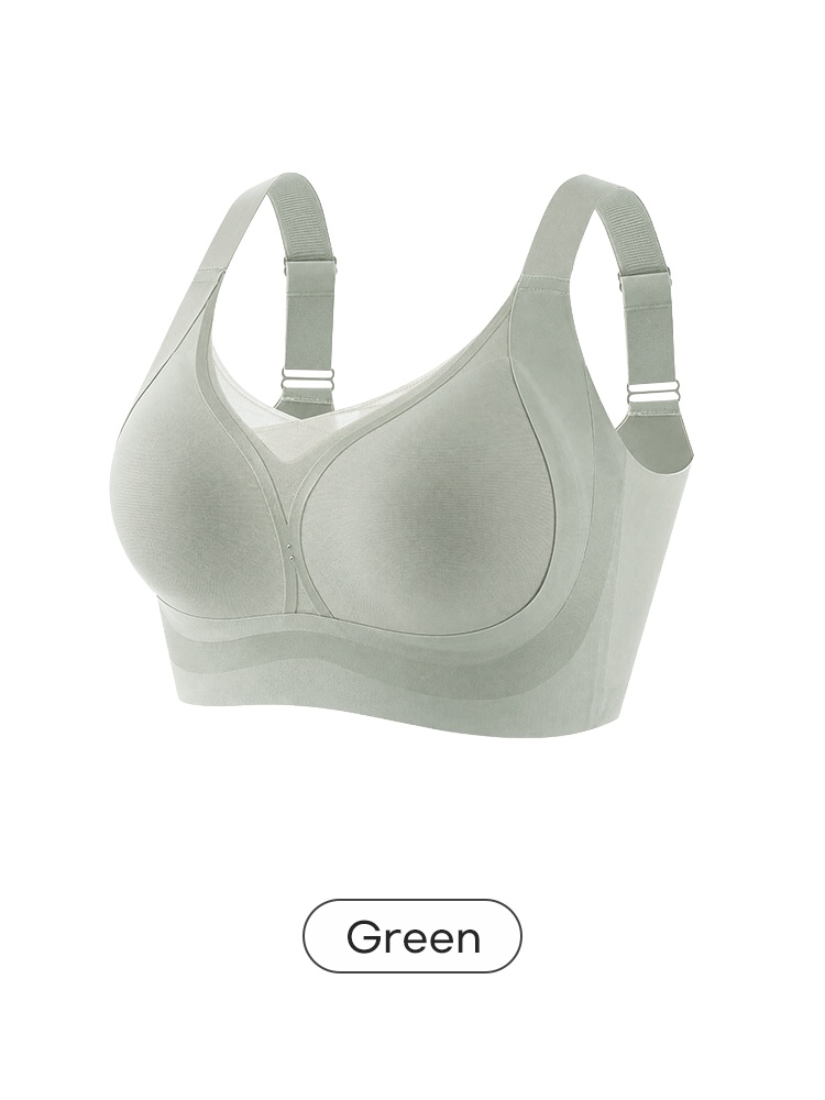 Green wireless bra front angled view with wide adjustable straps VEIMIA
