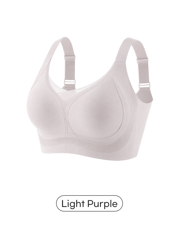 Light purple wireless bra front angled view with wide adjustable straps VEIMIA