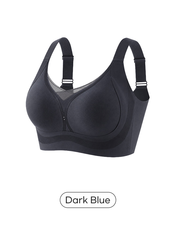 Dark blue wireless bra front angled view with wide adjustable straps VEIMIA