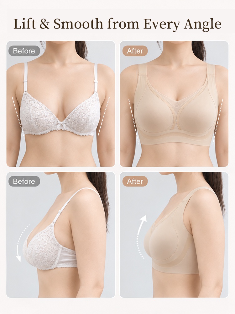 Before and after comparison showing fuller coverage and lifted bra fit VEIMIA