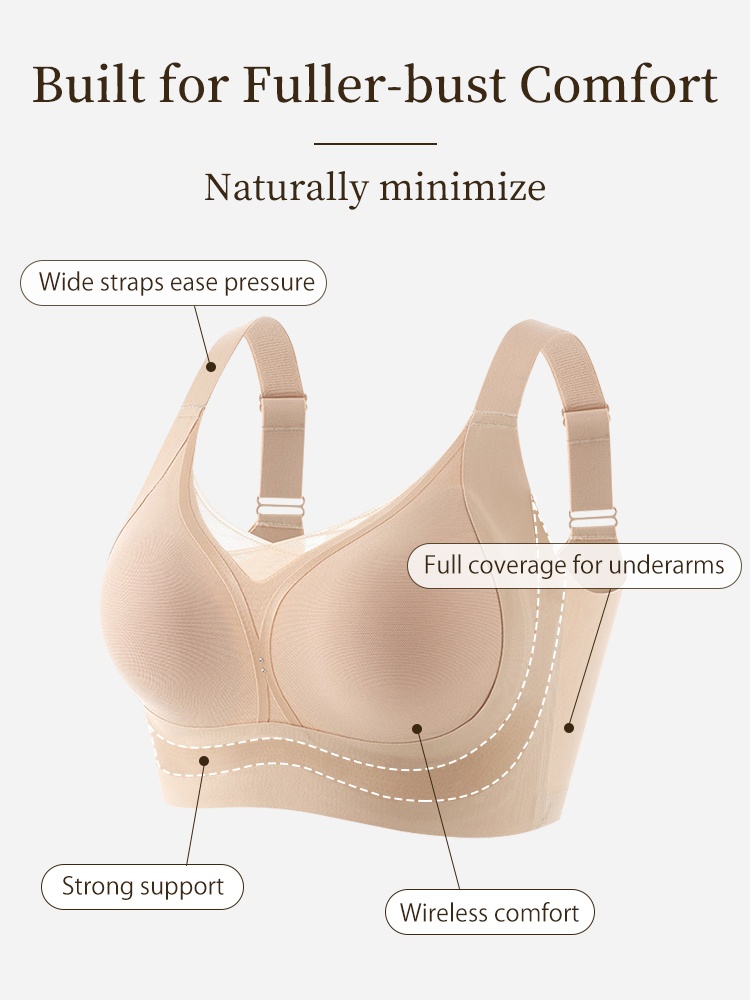 Feature graphic showing beige wireless bra with wide straps and full underarm coverage VEIMIA