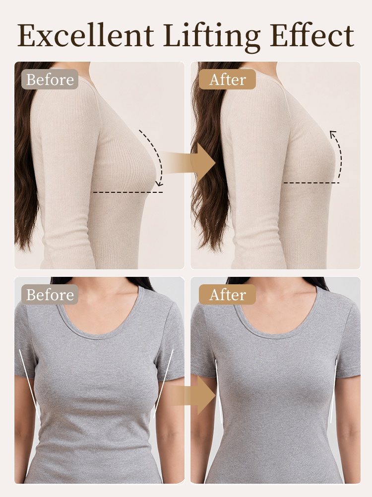 Before and after comparison showing lifted profile under fitted tops VEIMIA