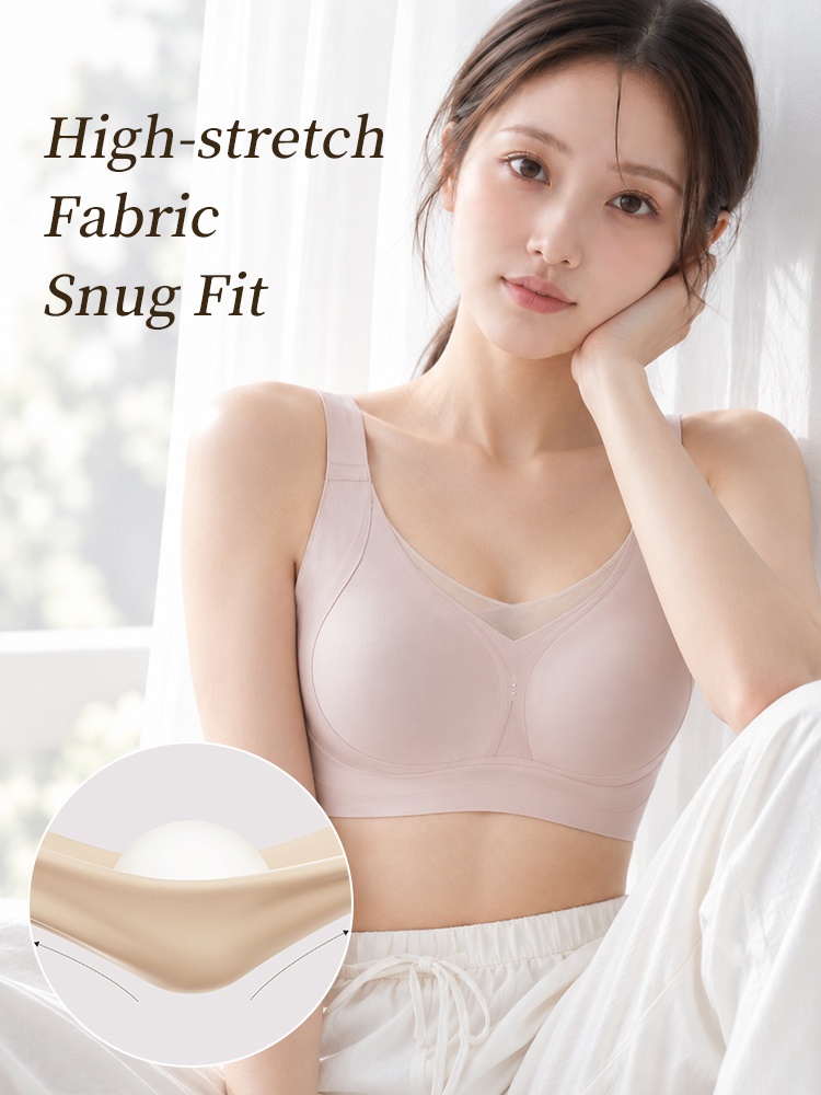 Model wearing light purple wireless bra with high-stretch fabric detail VEIMIA
