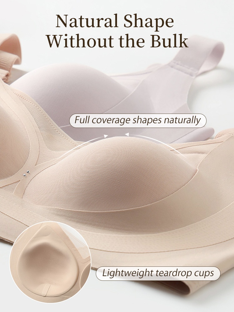 Close-up of beige full coverage bra with lightweight teardrop cups VEIMIA