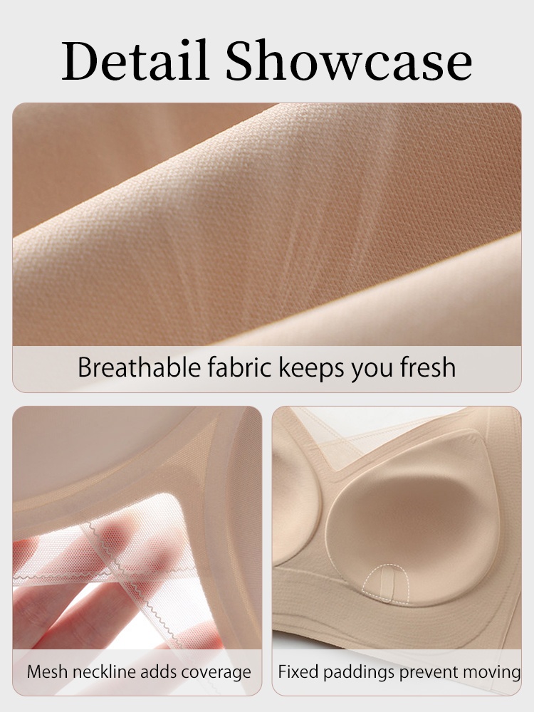 Detail collage showing breathable fabric mesh neckline and fixed cup padding VEIMIA