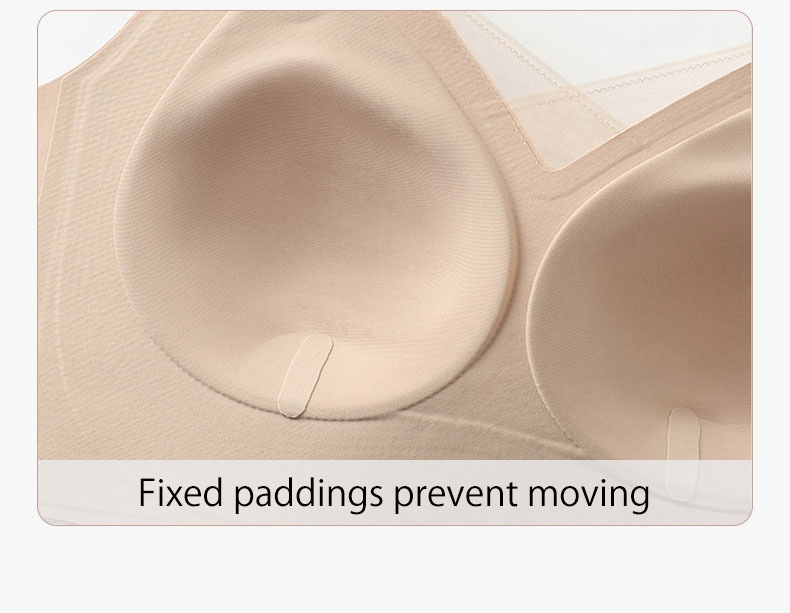 Close-up of fixed cup padding inside beige wireless bra VEIMIA