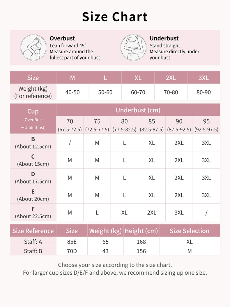 Bra size chart with overbust underbust weight and cup measurement guide VEIMIA