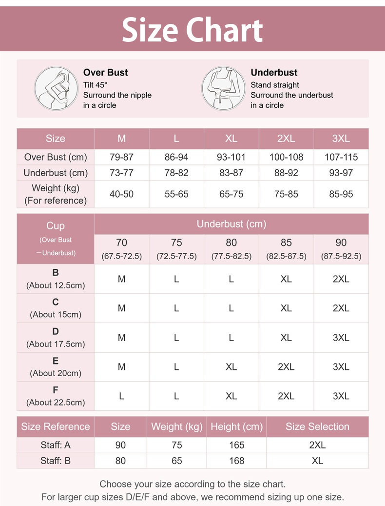 Bra size chart with overbust underbust weight and cup measurement guide VEIMIA